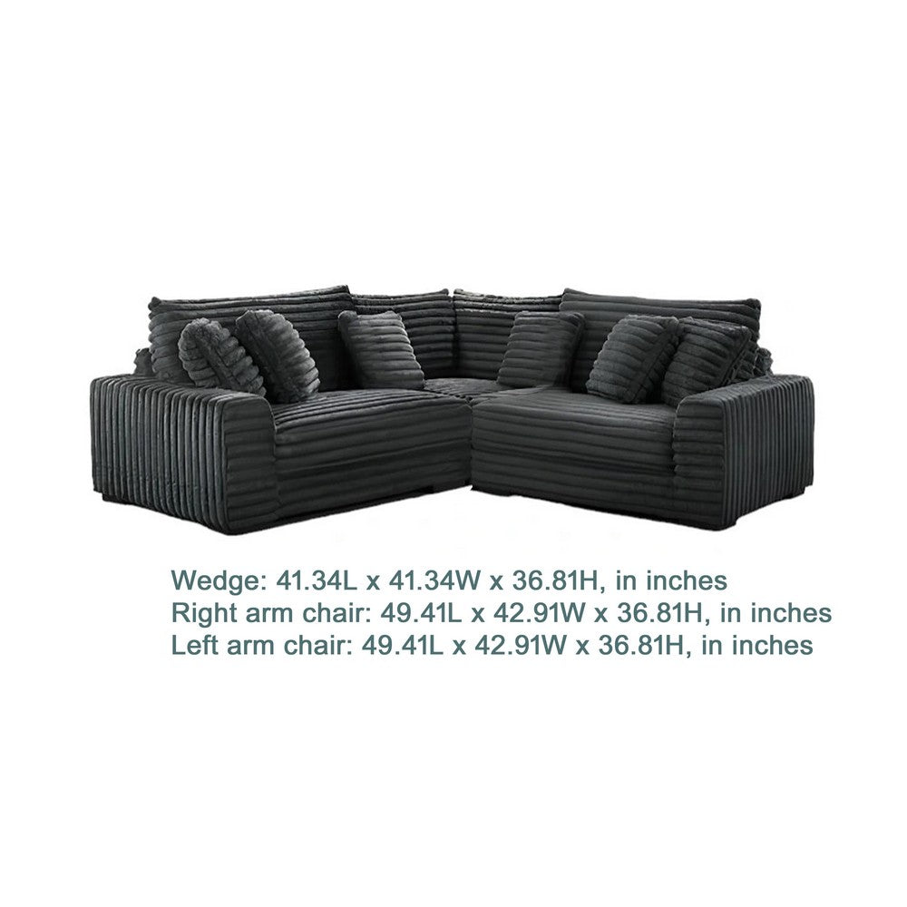 Ezo 3pc Modular Sectional Sofa Set | 6 Pillows | Black Ribbed Polyester