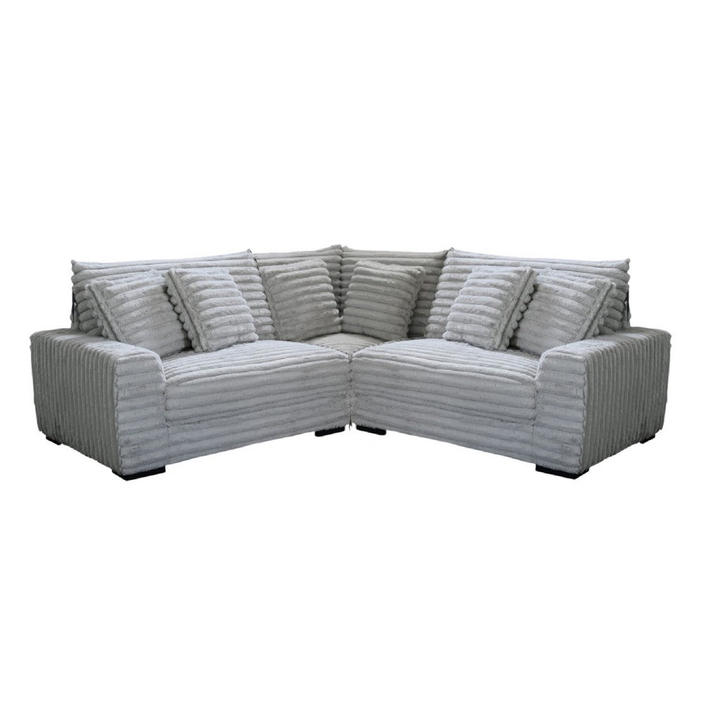 Ezo 3pc Modular Sectional Sofa Set | 6 Pillows | Gray Ribbed Polyester