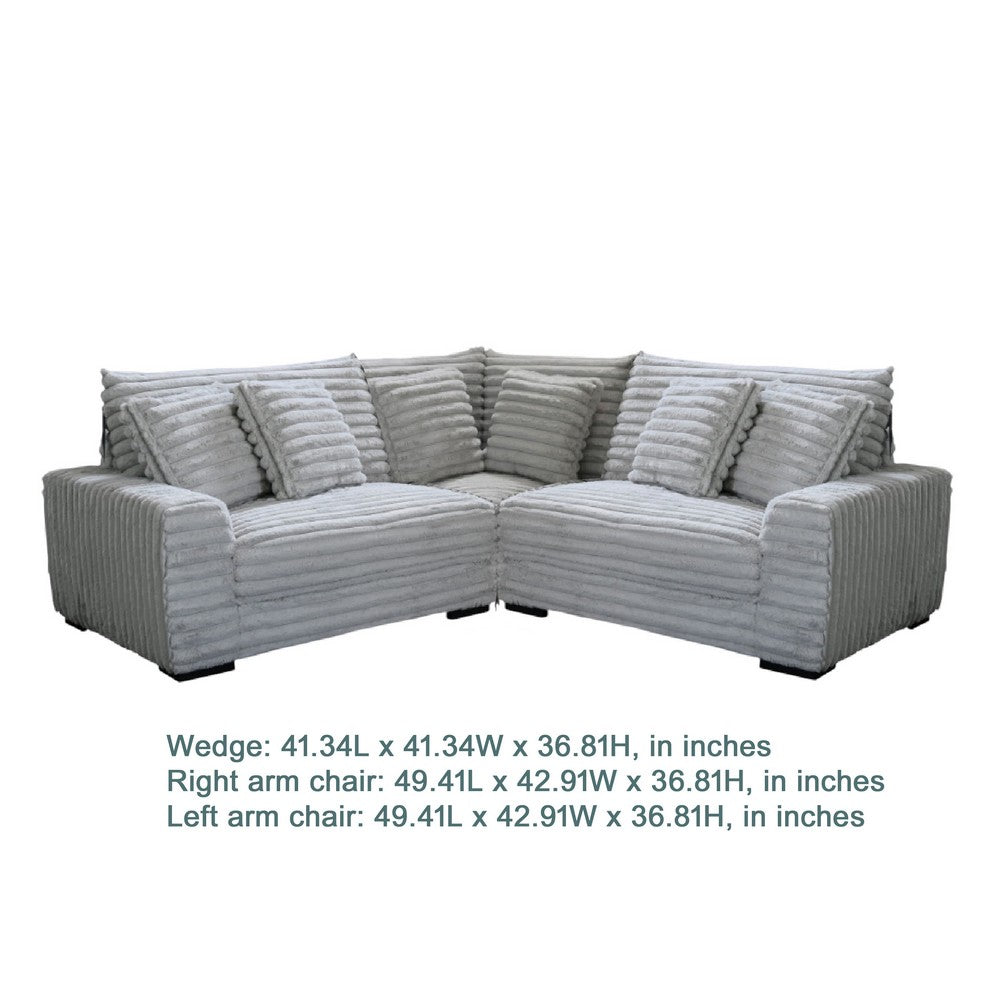 Ezo 3pc Modular Sectional Sofa Set | 6 Pillows | Gray Ribbed Polyester