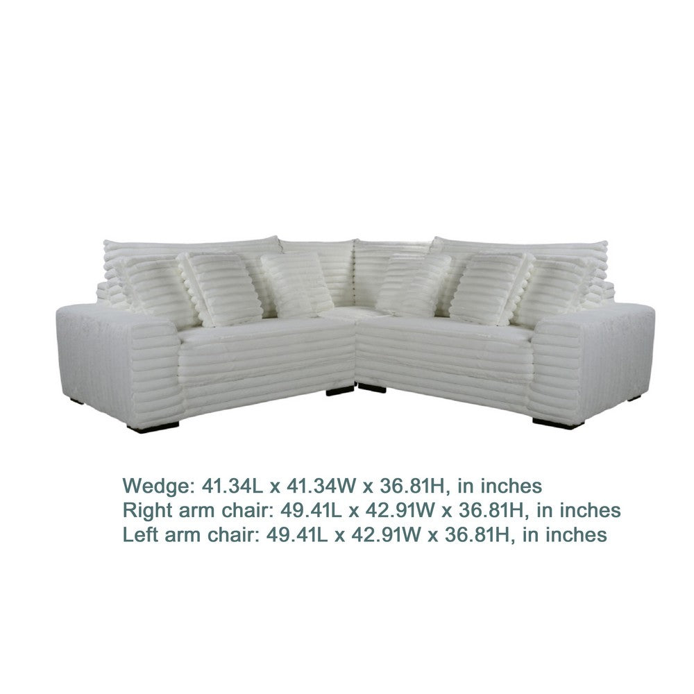 Ezo 3pc Modular Sectional Sofa Set | 6 Pillows | White Ribbed Polyester