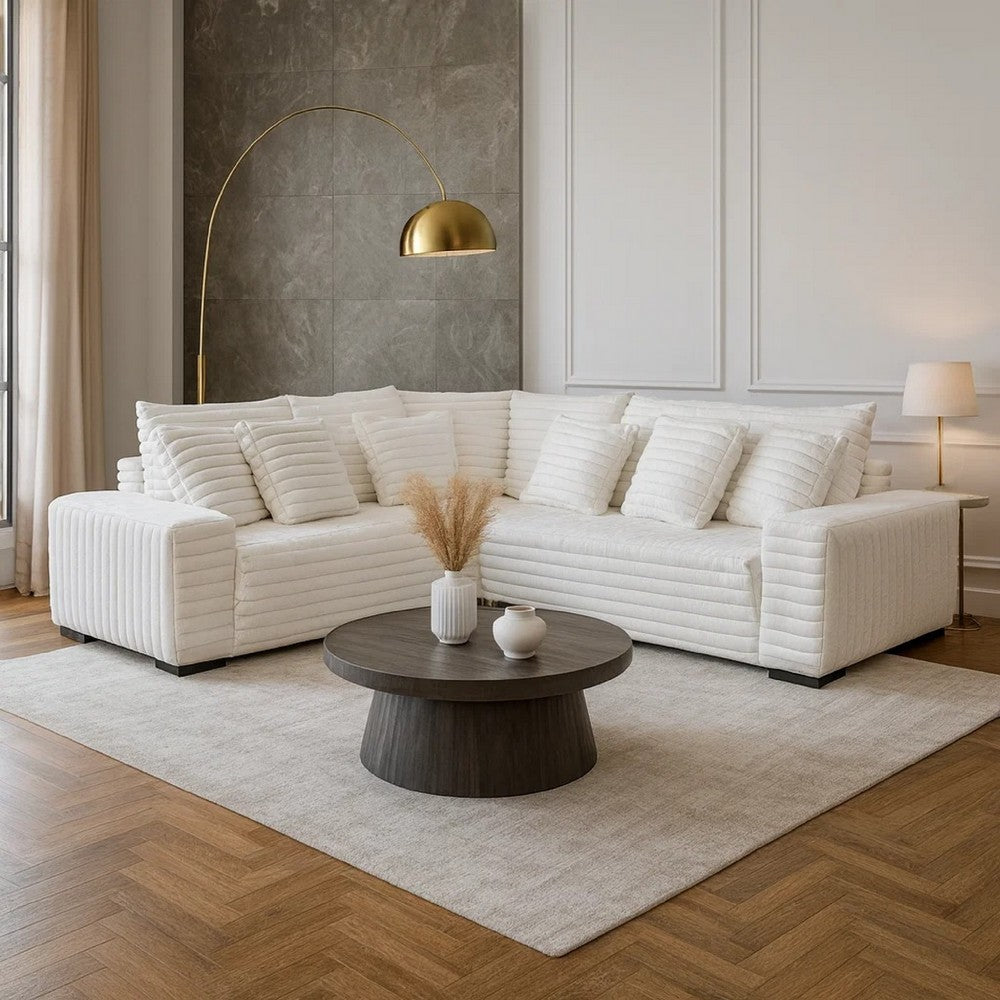 Ezo 3pc Modular Sectional Sofa Set | 6 Pillows | White Ribbed Polyester