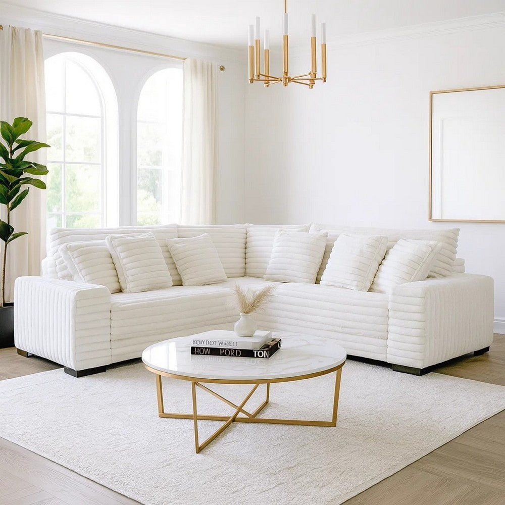 Ezo 3pc Modular Sectional Sofa Set | 6 Pillows | White Ribbed Polyester