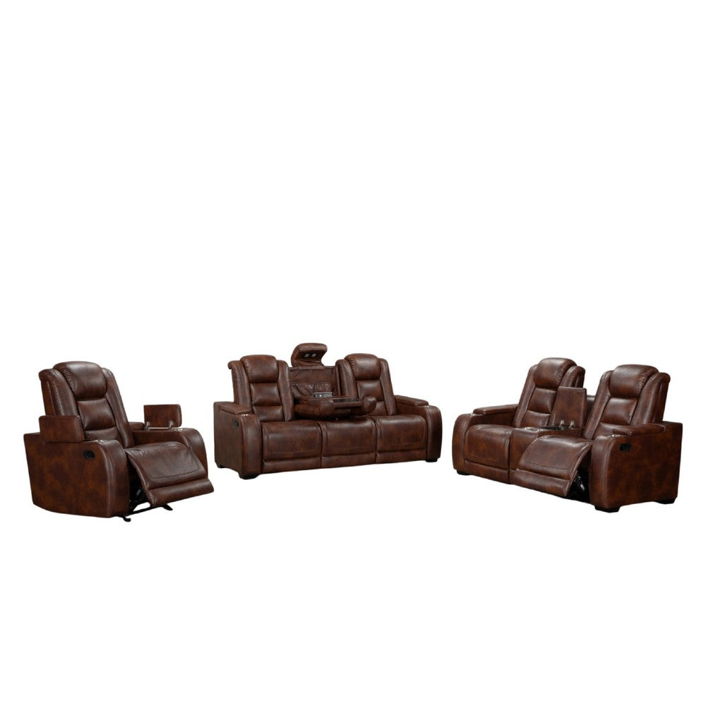 Choi 3pc Reclining Glider, Sofa, Loveseat, Chair Set | Brown Faux Leather