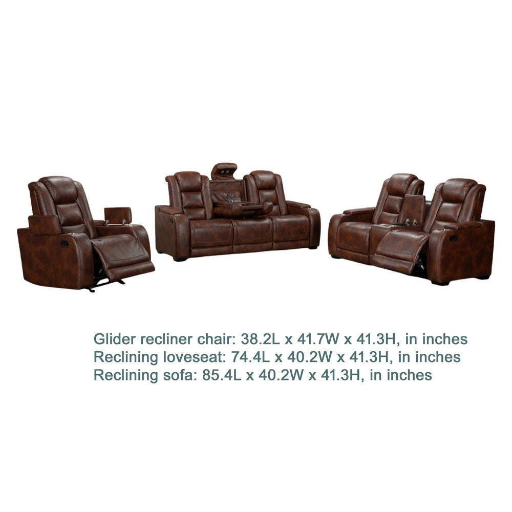 Choi 3pc Reclining Glider, Sofa, Loveseat, Chair Set | Brown Faux Leather