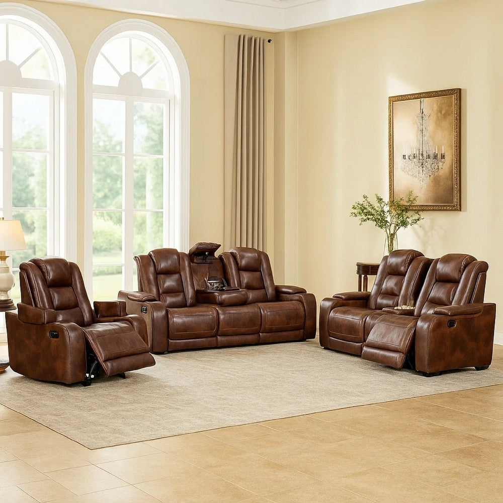 Choi 3pc Reclining Glider, Sofa, Loveseat, Chair Set | Brown Faux Leather