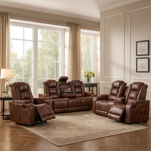 Choi 3pc Reclining Glider, Sofa, Loveseat, Chair Set | Brown Faux Leather