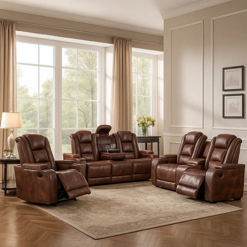 Choi 3pc Reclining Glider, Sofa, Loveseat, Chair Set | Brown Faux Leather