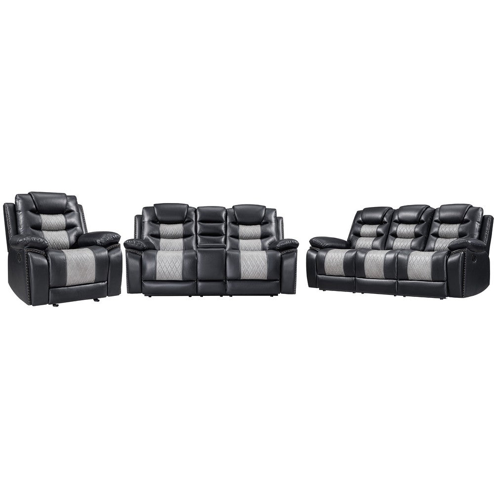 Asher 3pc Manual Recliner Sofa, Loveseat, Chair | Black Gray Faux Leather
