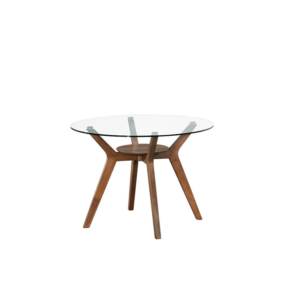 Scar Dining Table | 42" Round Glass Top w Lower Shelf | Walnut Brown