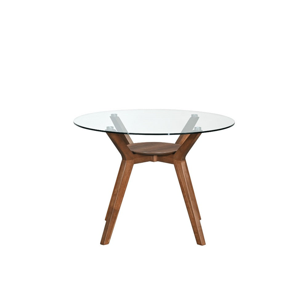 Scar Dining Table | 42" Round Glass Top w Lower Shelf | Walnut Brown