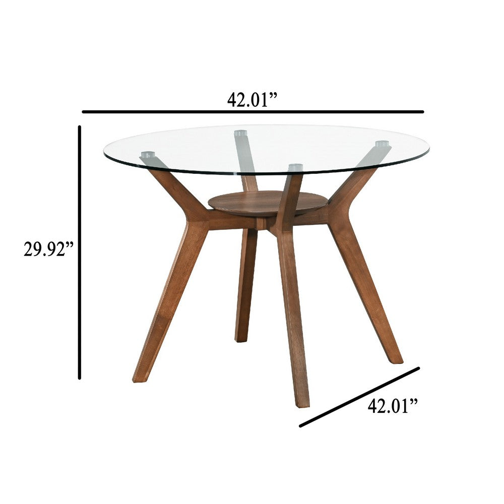 Scar Dining Table | 42" Round Glass Top w Lower Shelf | Walnut Brown