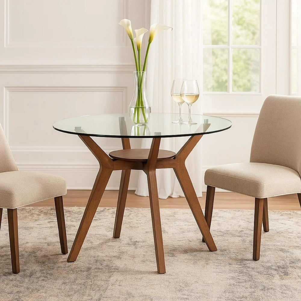 Scar Dining Table | 42" Round Glass Top w Lower Shelf | Walnut Brown