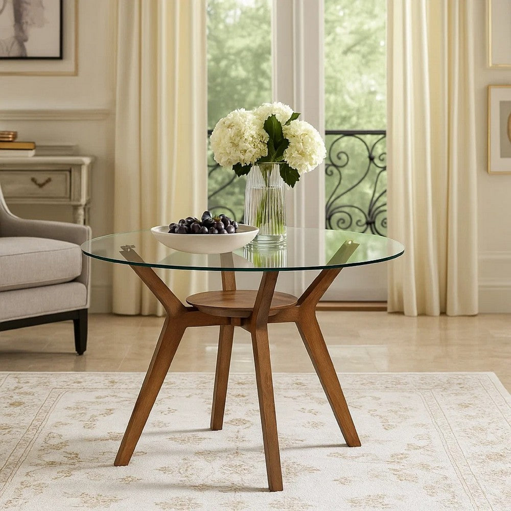 Scar Dining Table | 42" Round Glass Top w Lower Shelf | Walnut Brown