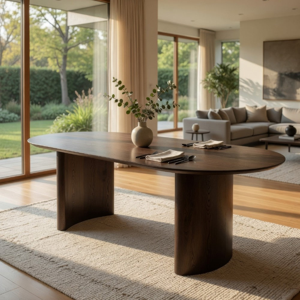Ony Dining Table | 79" Oval Top | Dark Walnut Brown Pedestal Base