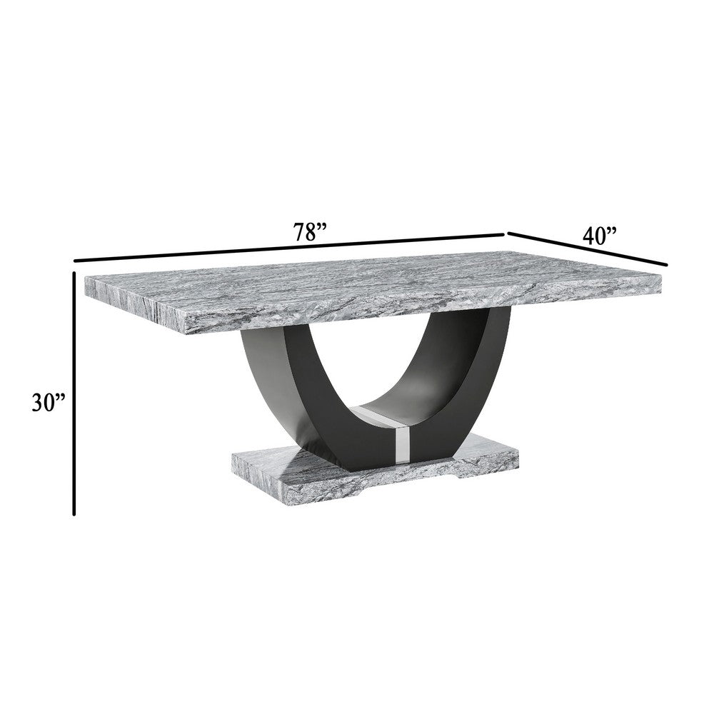Lira Dining Table | 78" Faux Marble Top | Black U Shaped Pedestal