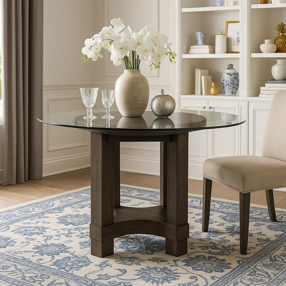 Cora Dining Table | 52" Round Glass Top | Walnut Brown Pedestal Base
