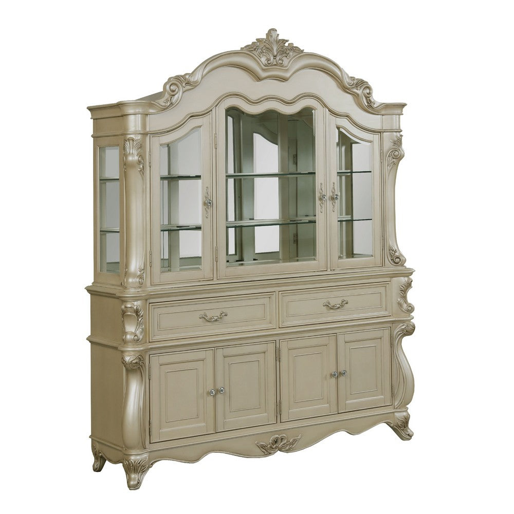 Kerra 2pc China Hutch Buffet | 2 Drawers Glass Doors | Champagne Silver