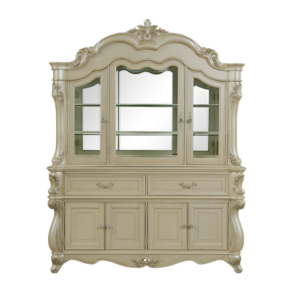 Kerra 2pc China Hutch Buffet | 2 Drawers Glass Doors | Champagne Silver