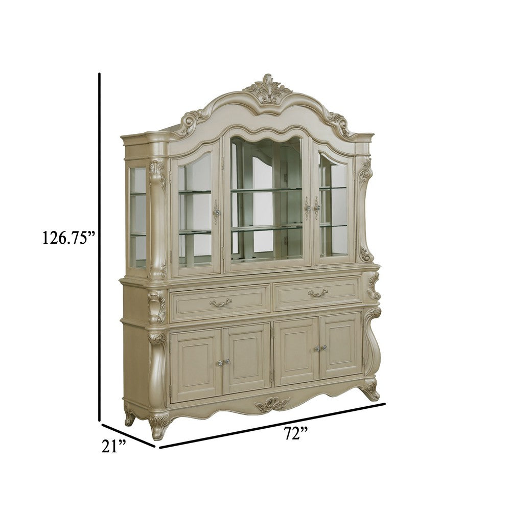 Kerra 2pc China Hutch Buffet | 2 Drawers Glass Doors | Champagne Silver