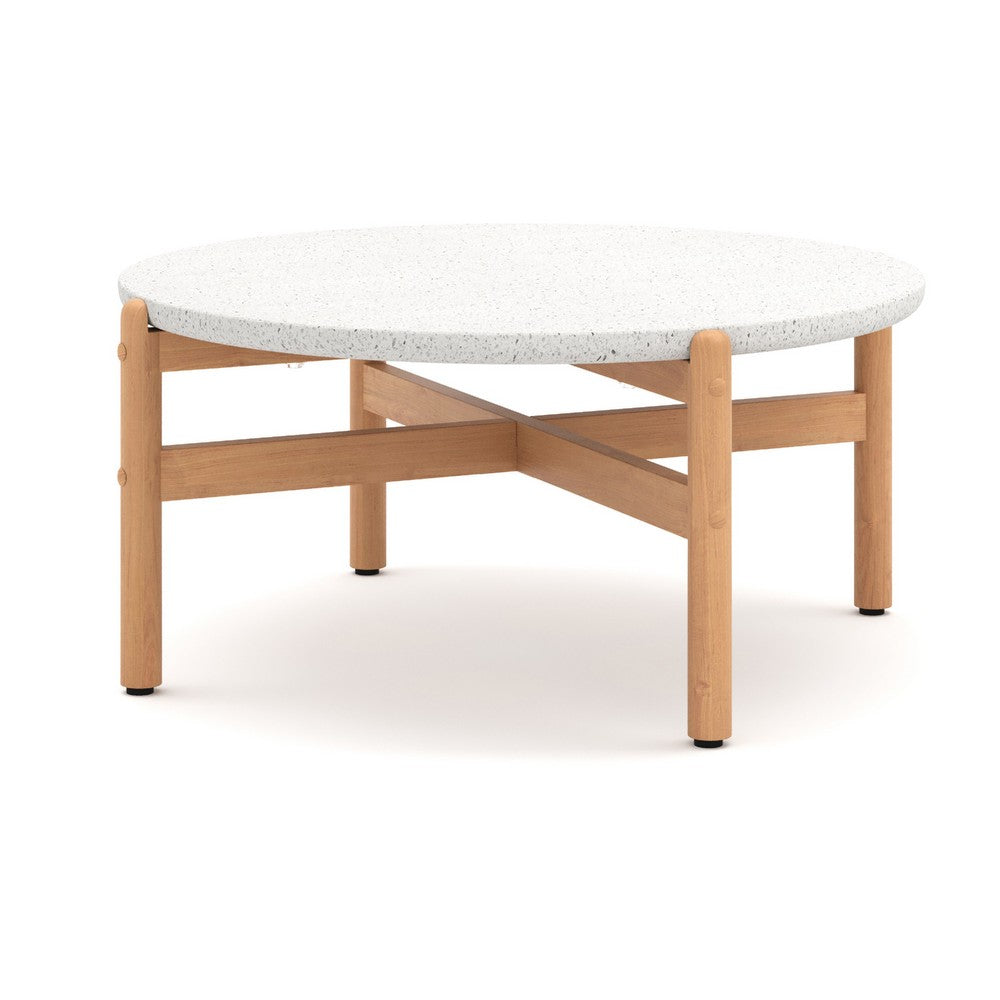 Scy Patio Coffee Table | 33" White Terrazzo Top | Natural Brown Base