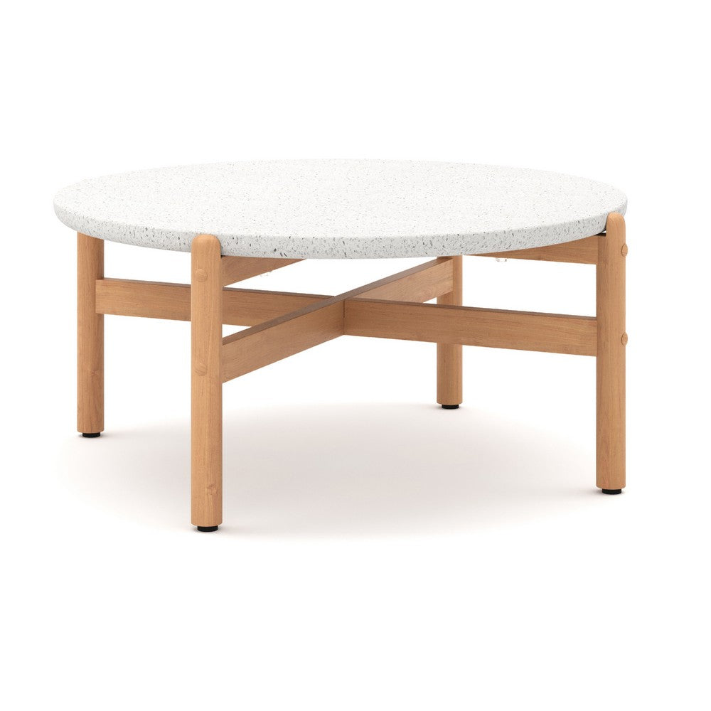 Scy Patio Coffee Table | 33" White Terrazzo Top | Natural Brown Base
