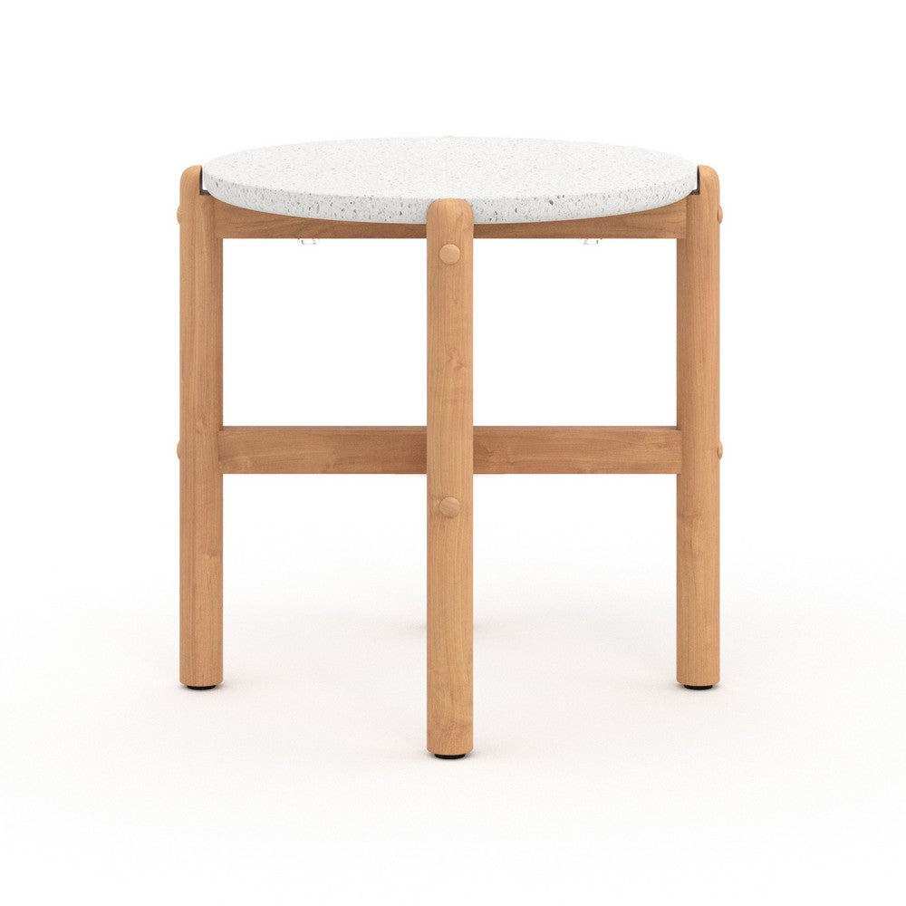 Scy Patio Side End Table | 19" White Terrazzo Top | Natural Brown