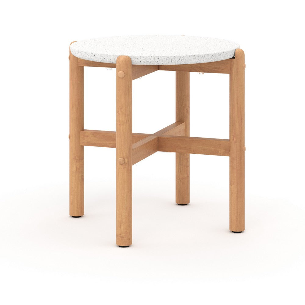 Scy Patio Side End Table | 19" White Terrazzo Top | Natural Brown
