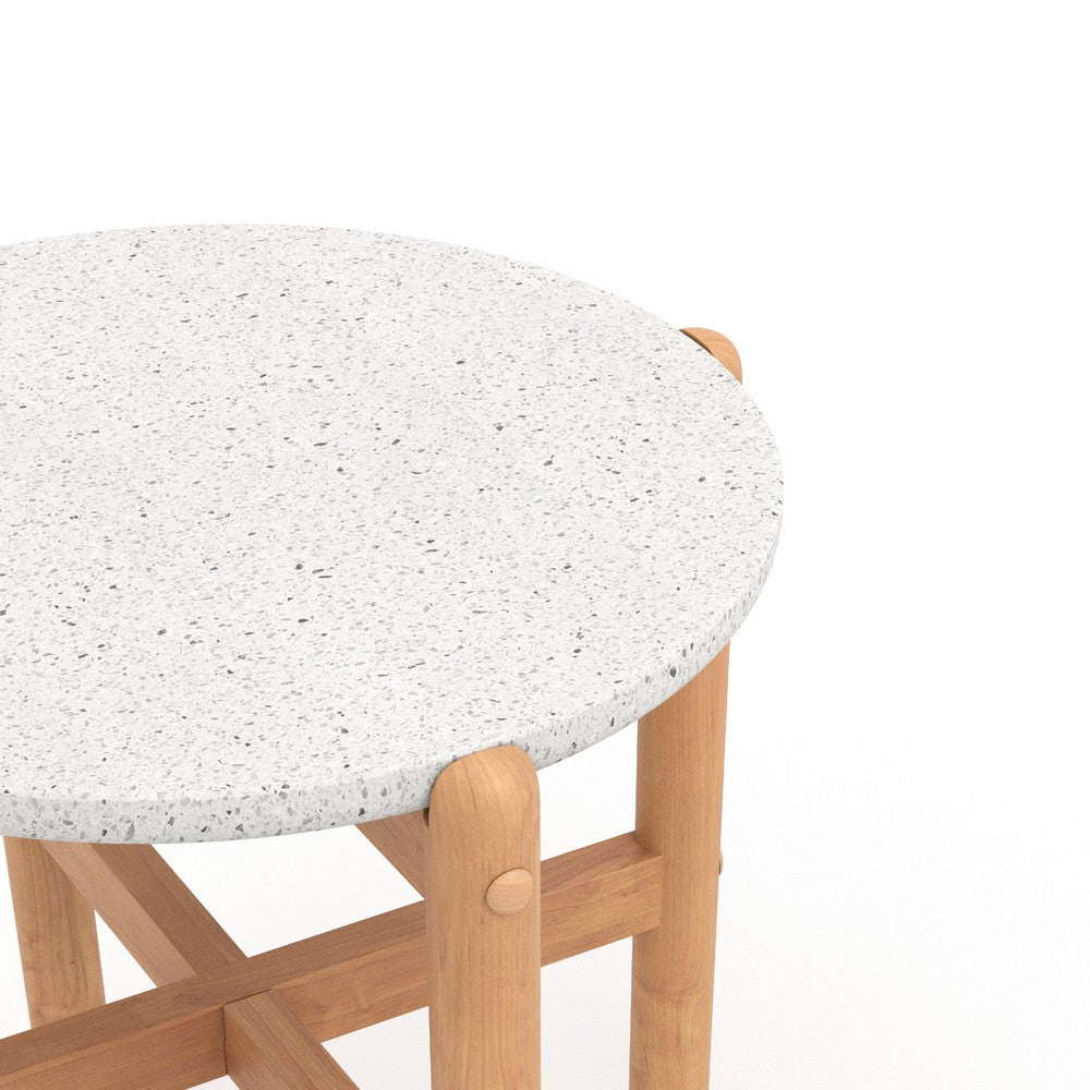 Scy Patio Side End Table | 19" White Terrazzo Top | Natural Brown