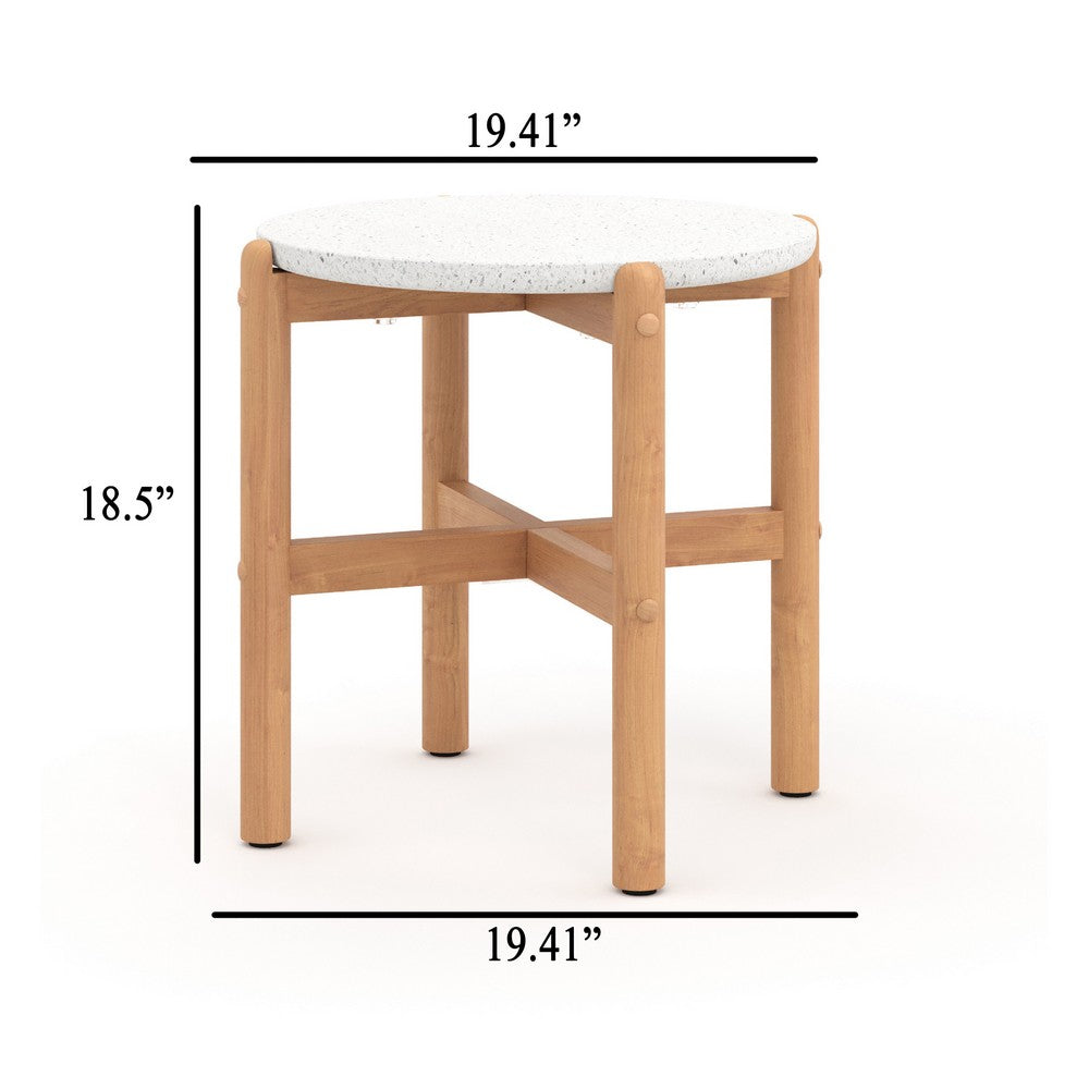 Scy Patio Side End Table | 19" White Terrazzo Top | Natural Brown