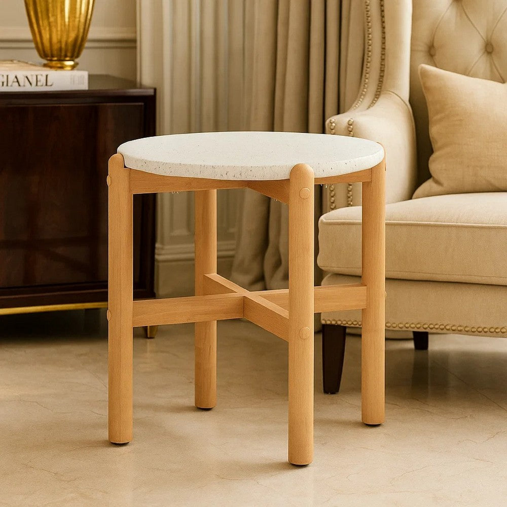 Scy Patio Side End Table | 19" White Terrazzo Top | Natural Brown