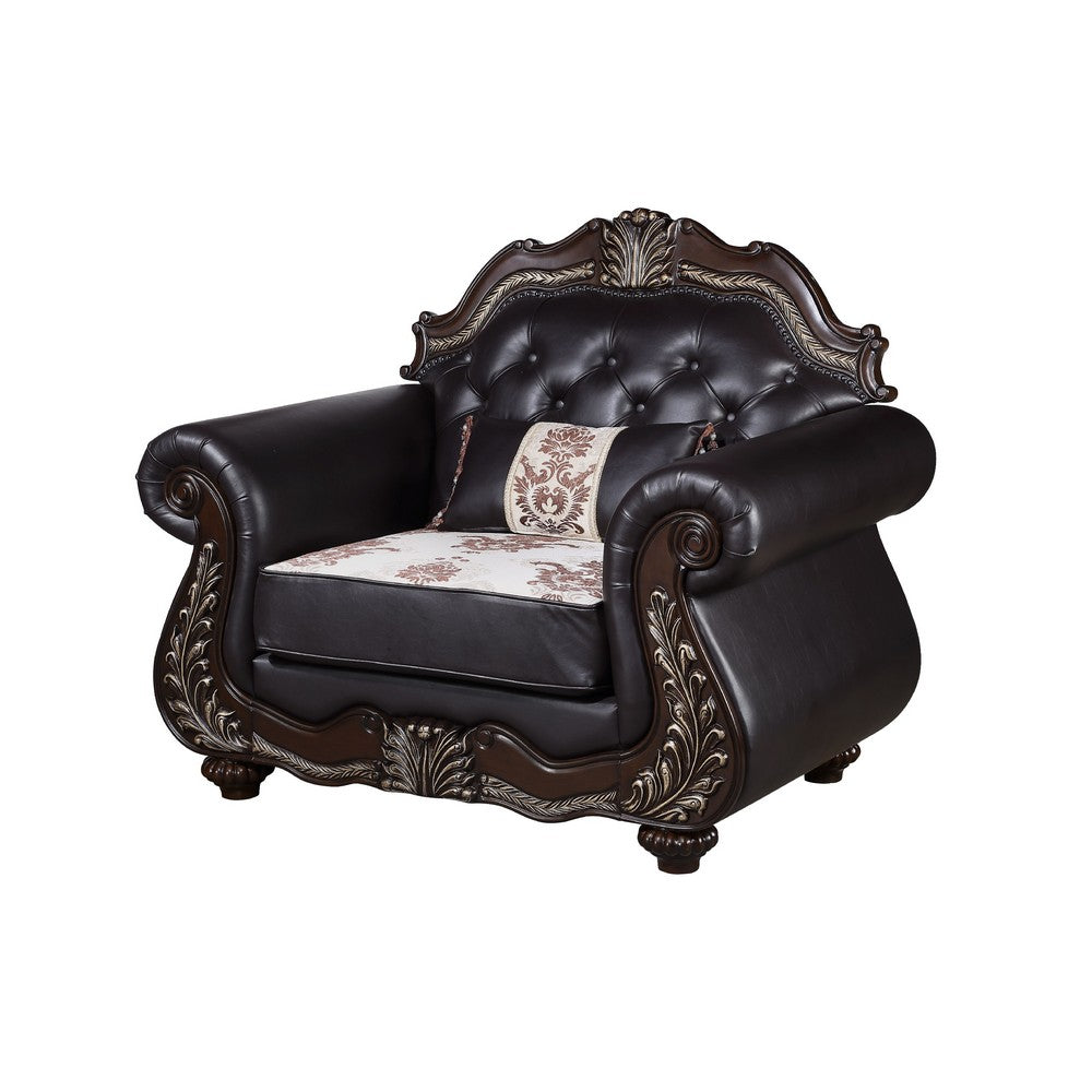 Liana Accent Chair | Ornate Carving, Luxurious Tufted Cherry Brown Faux Leather
