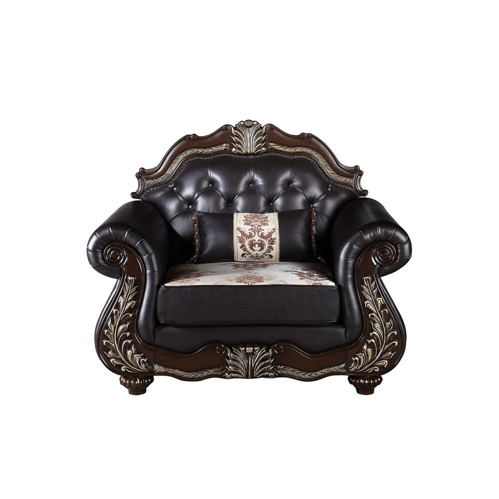 Liana Accent Chair | Ornate Carving, Luxurious Tufted Cherry Brown Faux Leather