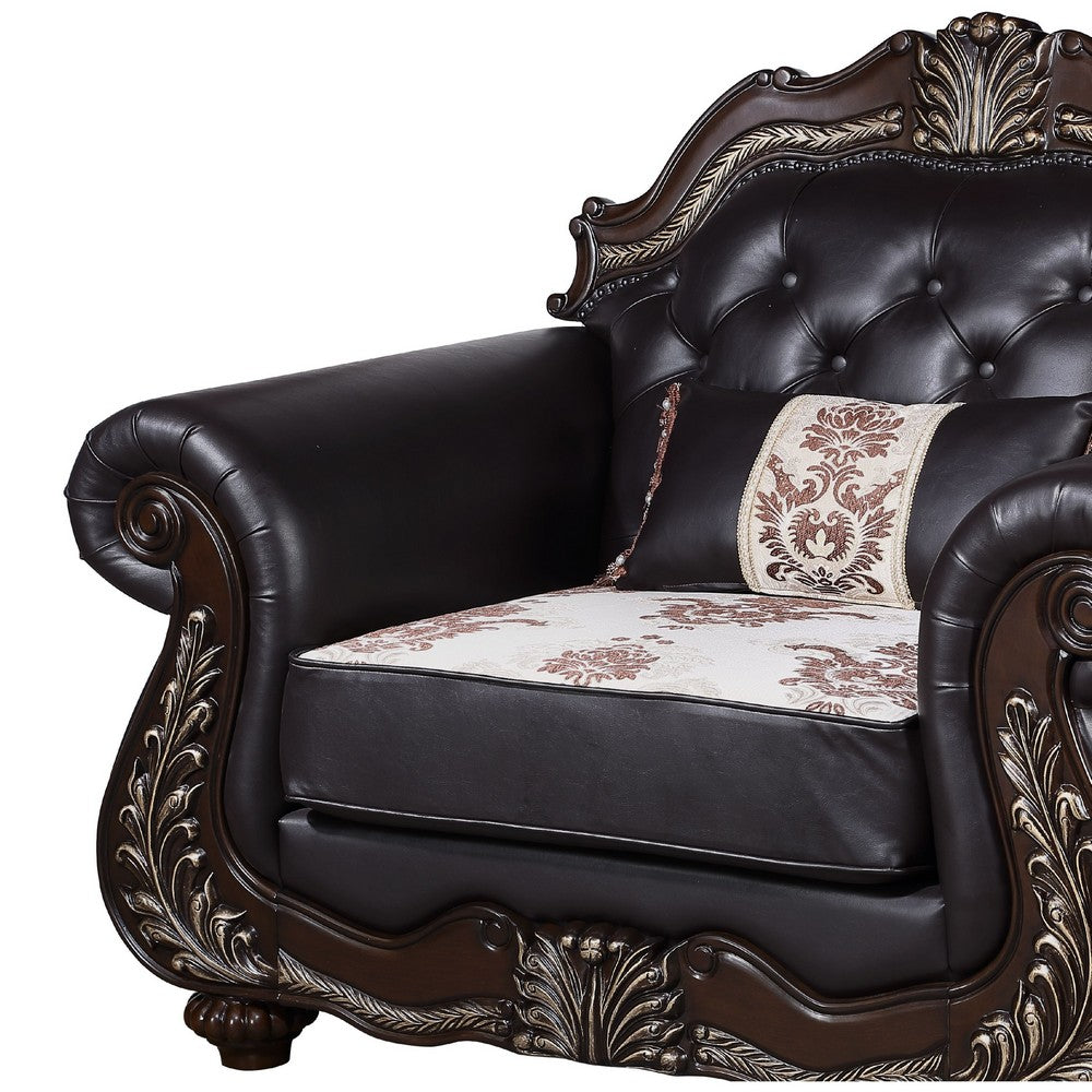 Liana Accent Chair | Ornate Carving, Luxurious Tufted Cherry Brown Faux Leather