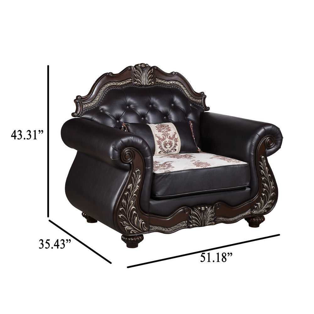 Liana Accent Chair | Ornate Carving, Luxurious Tufted Cherry Brown Faux Leather