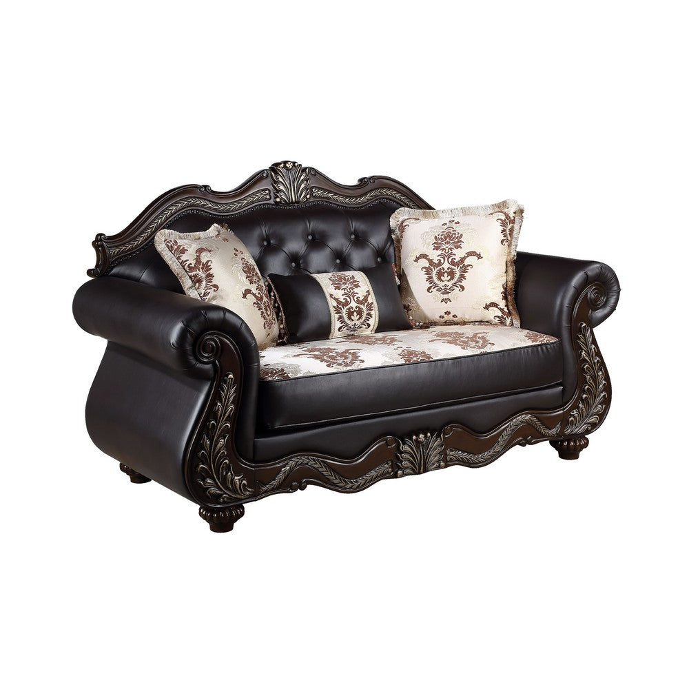 Liana Loveseat | Ornate Carving, Luxurious Tufted Cherry Brown Faux Leather