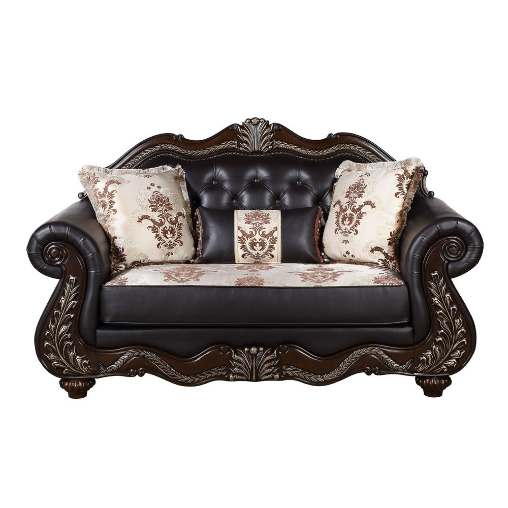 Liana Loveseat | Ornate Carving, Luxurious Tufted Cherry Brown Faux Leather