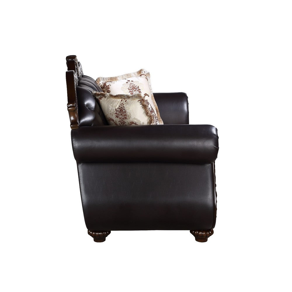 Liana Loveseat | Ornate Carving, Luxurious Tufted Cherry Brown Faux Leather