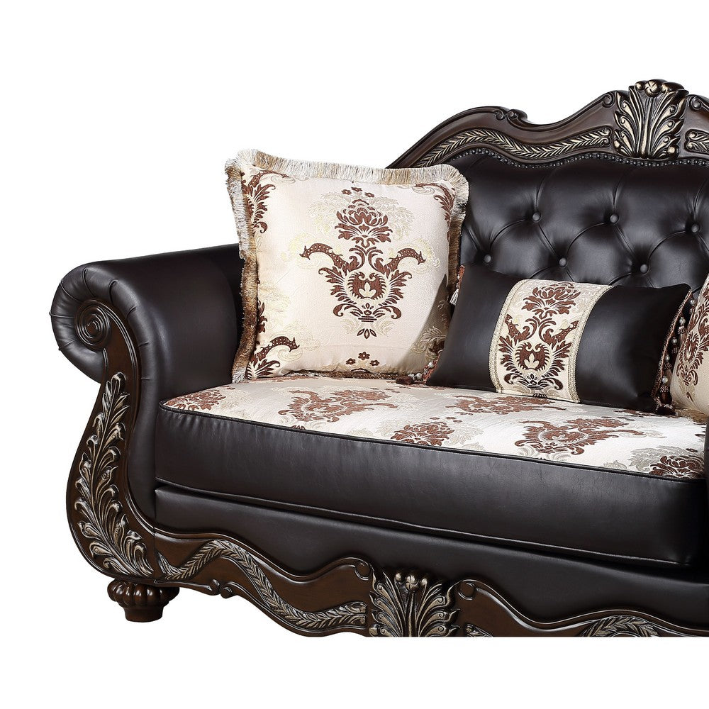 Liana Loveseat | Ornate Carving, Luxurious Tufted Cherry Brown Faux Leather