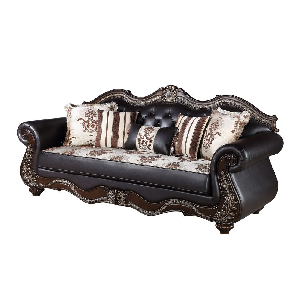 Liana Sofa | Ornate Carving, Luxurious Cherry Brown Faux Leather | 5 Pillows