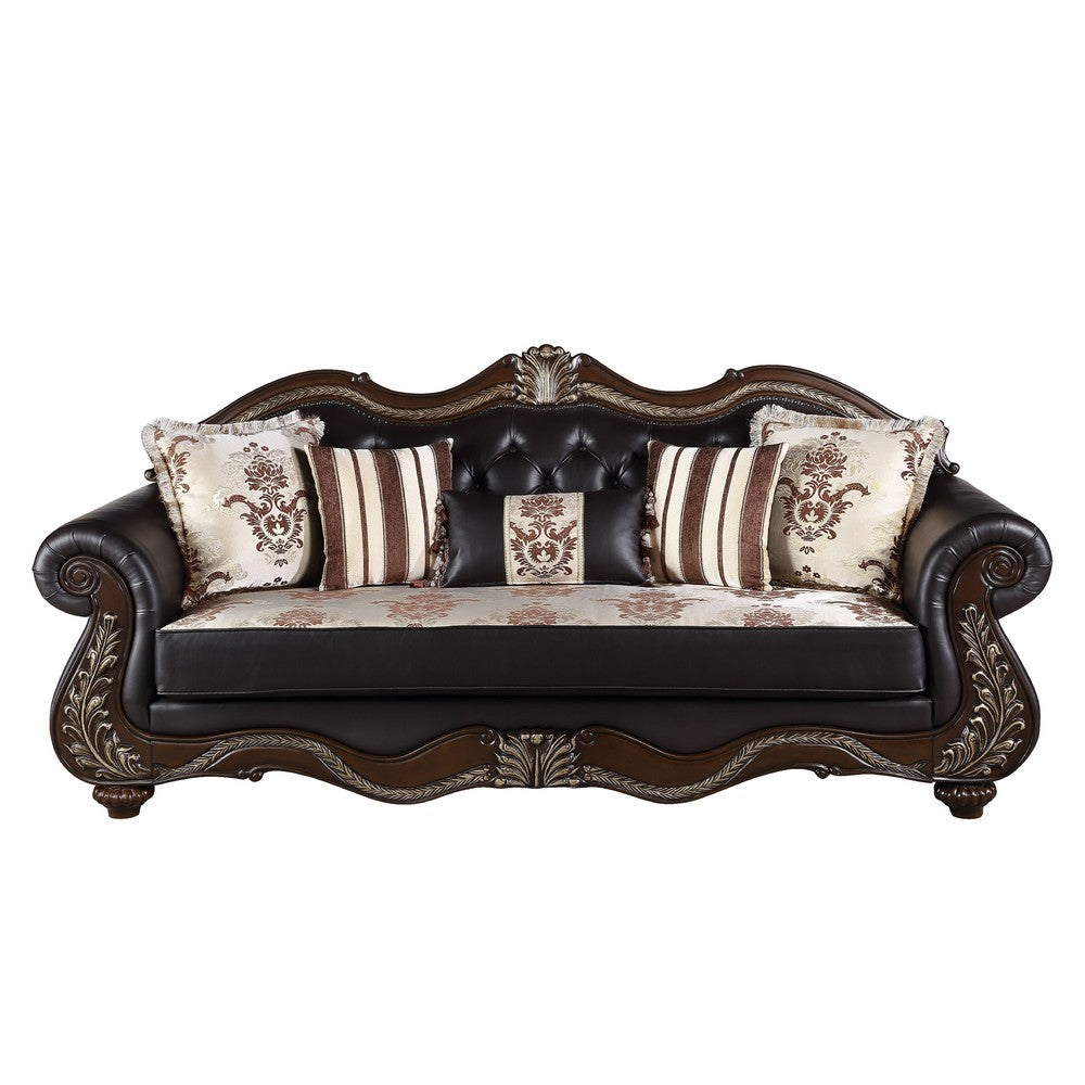 Liana Sofa | Ornate Carving, Luxurious Cherry Brown Faux Leather | 5 Pillows