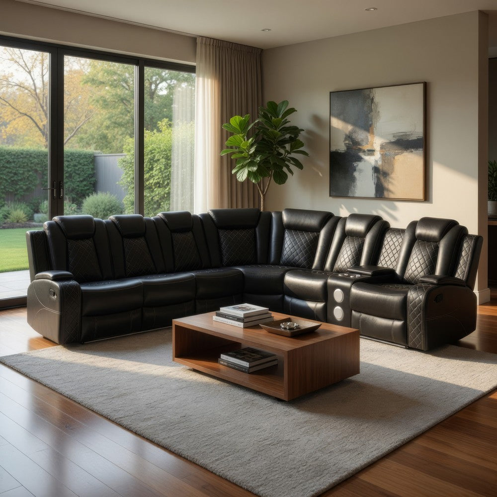 Ronie Black 3pc Sectional Dual Power Reclining Sofa | Cupholders | Speaker