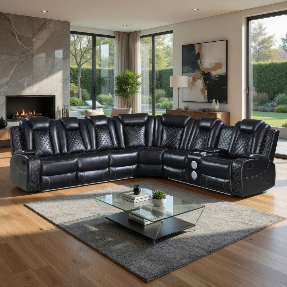 Ronie Black 3pc Sectional Dual Power Reclining Sofa | Cupholders | Speaker