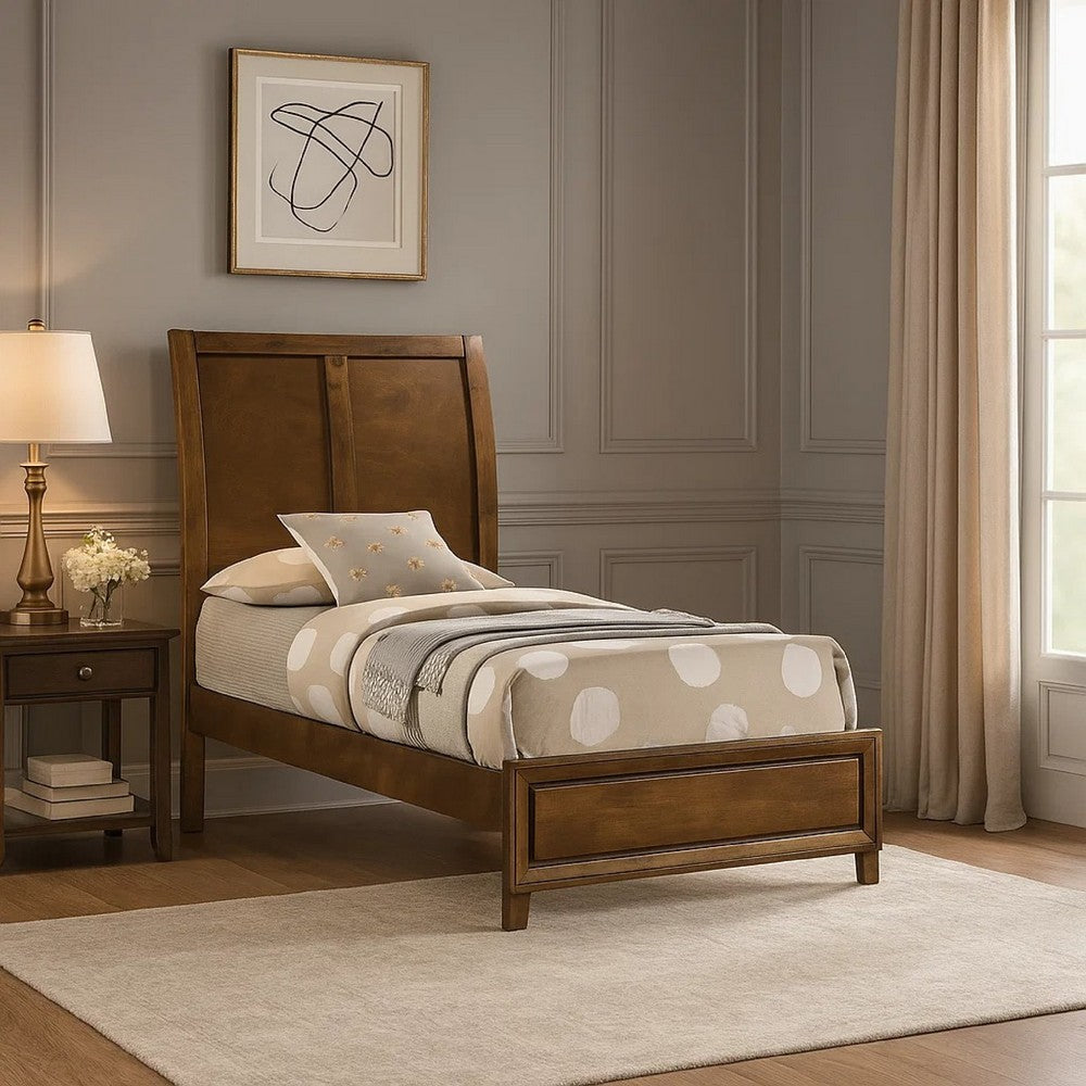 Lary Twin Bed w Sleigh-Style Headboard & Slat Kit | Walnut Brown