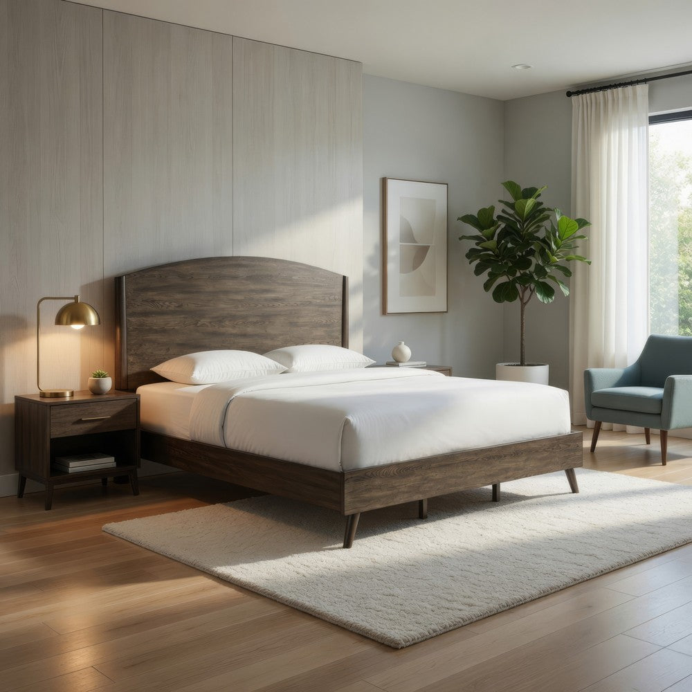 Roxy King Bed w Mid-Century Modern Design | Walnut Brown Okume
