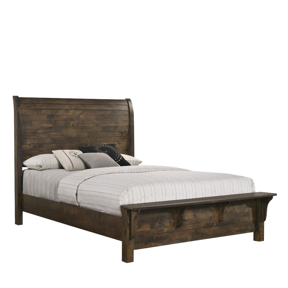 Blie Queen Bed w Built-In Footboard Bench | Rustic Brown Solid Wood