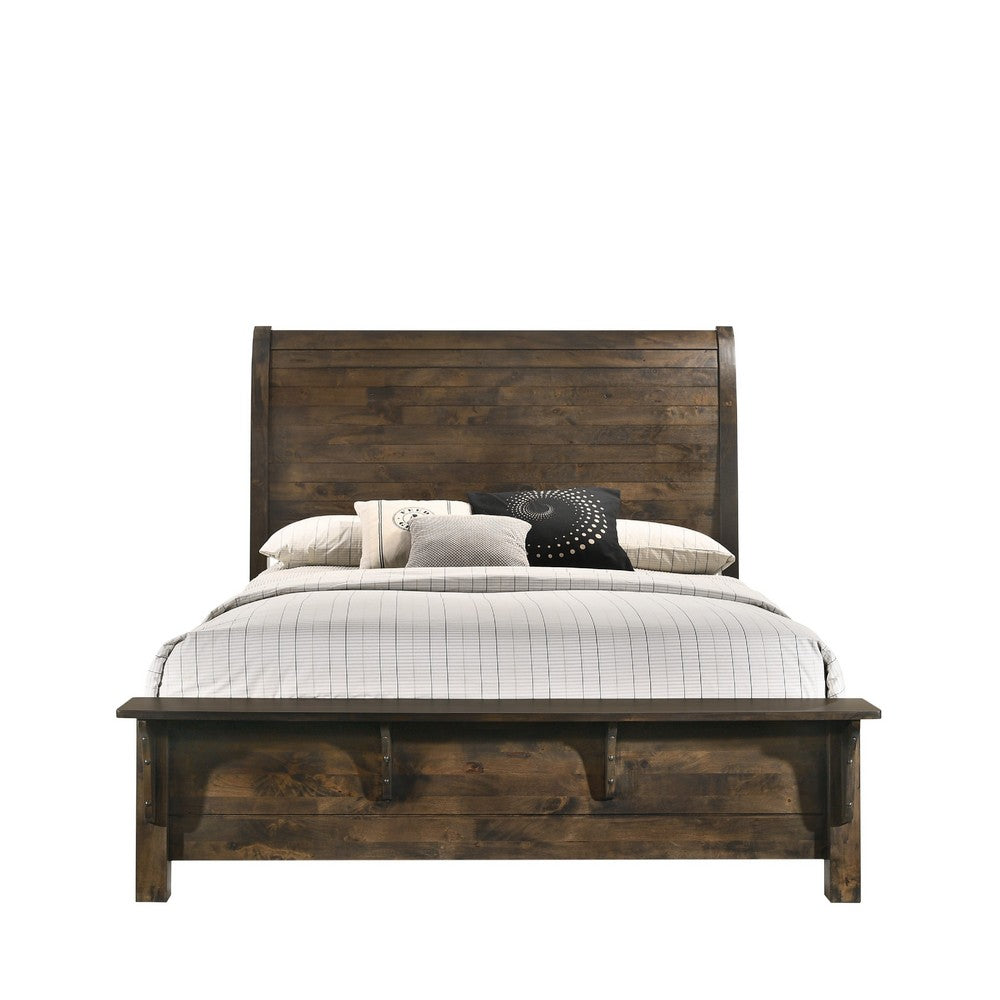 Blie Queen Bed w Built-In Footboard Bench | Rustic Brown Solid Wood