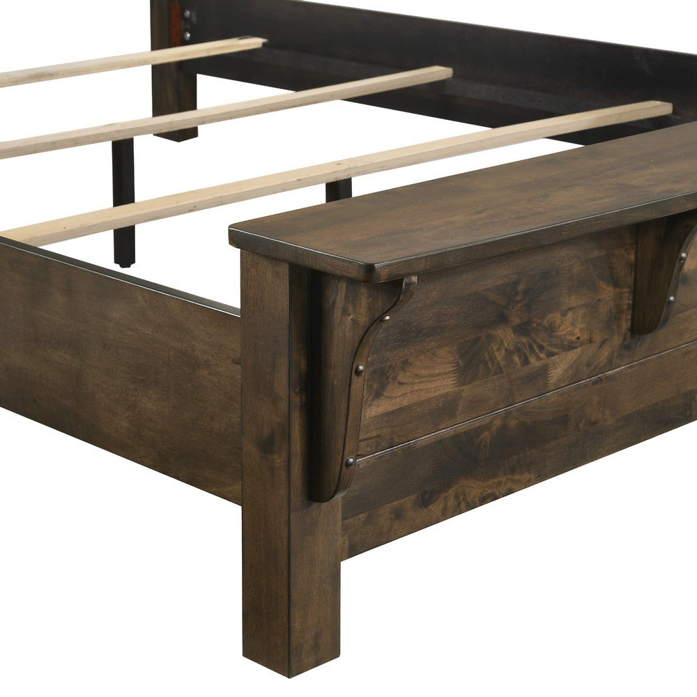 Blie Queen Bed w Built-In Footboard Bench | Rustic Brown Solid Wood