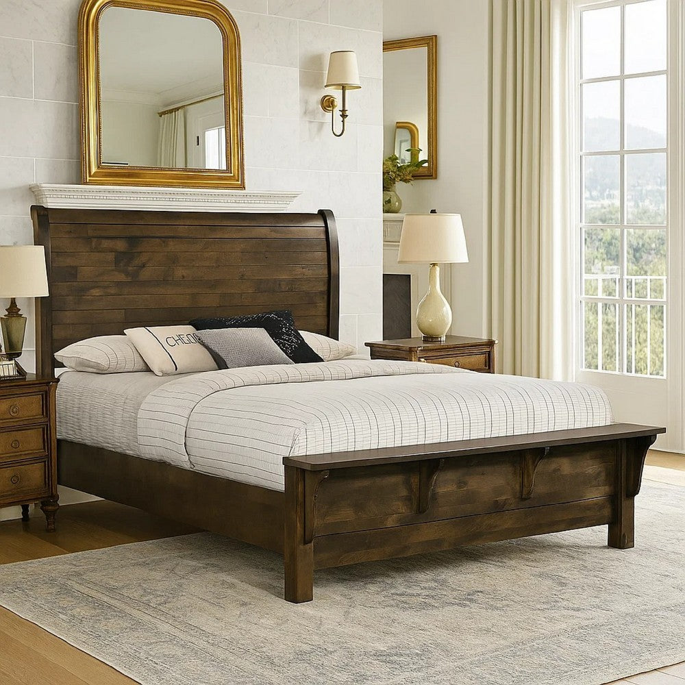 Blie Queen Bed w Built-In Footboard Bench | Rustic Brown Solid Wood