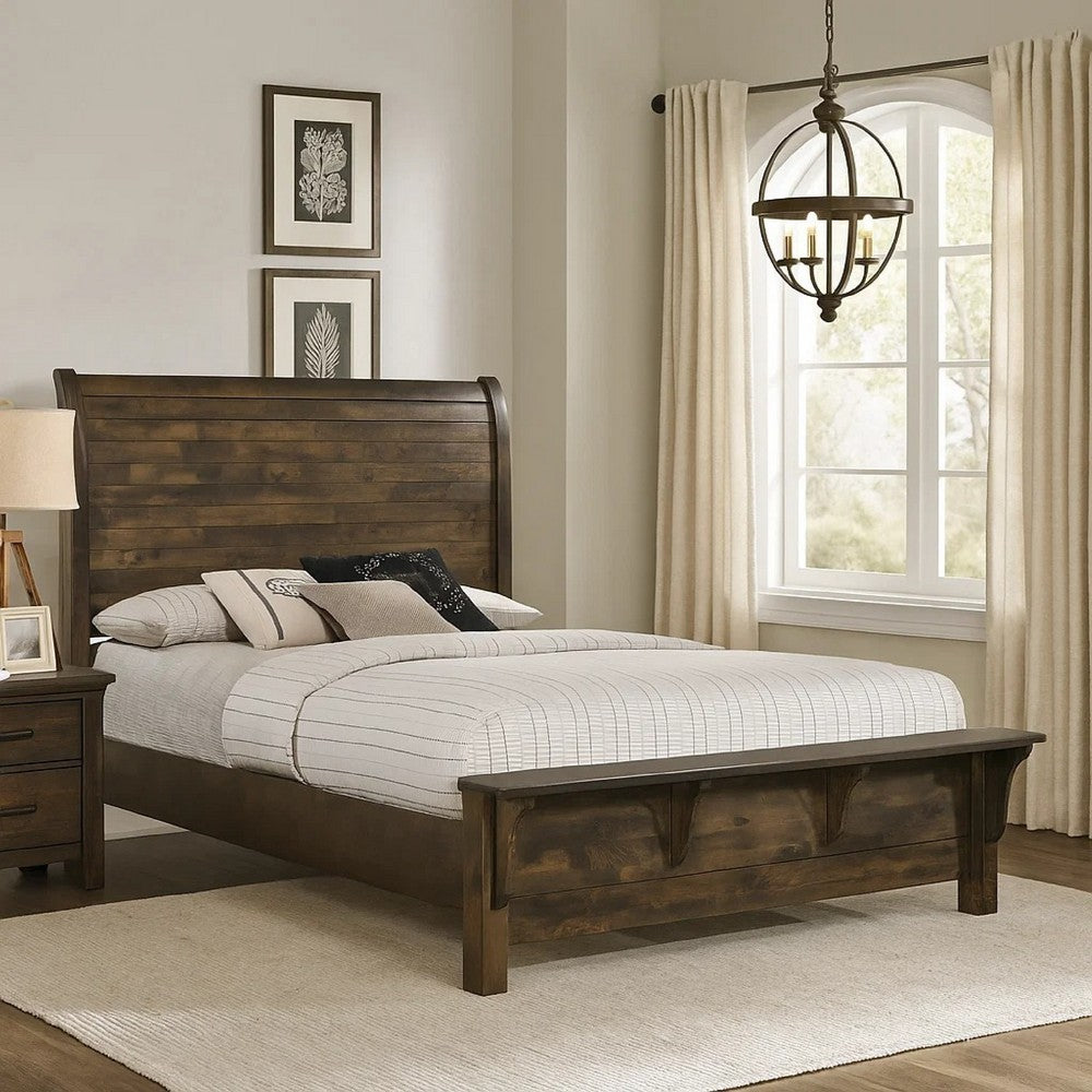 Blie Queen Bed w Built-In Footboard Bench | Rustic Brown Solid Wood