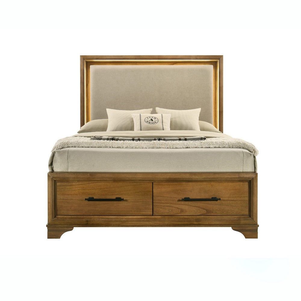 Tey King Bed w Storage | LED Headboard | Honey Brown | Cream Upholstery
